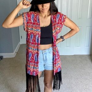 Boho Fringe Paisley Print Long Line Open Duster Cover Up